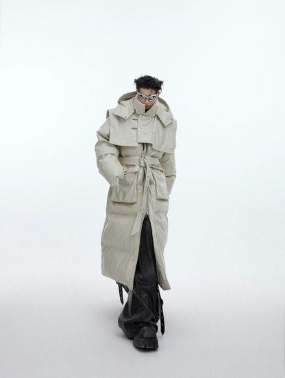 PU Leather Mix Hooded Padded Long Coat WN3666