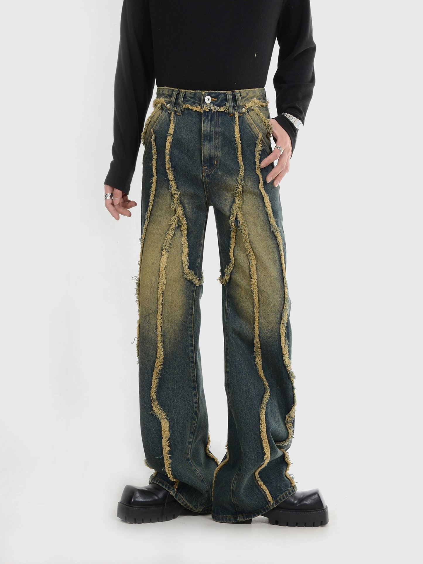 Raw Edge Patchwork Design Straight Denim Jeans WN4398