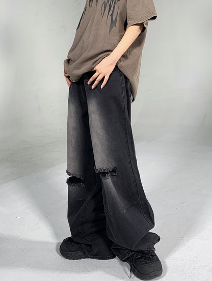 Ripped Hole Washed Wide-leg Straight Jeans WN1552