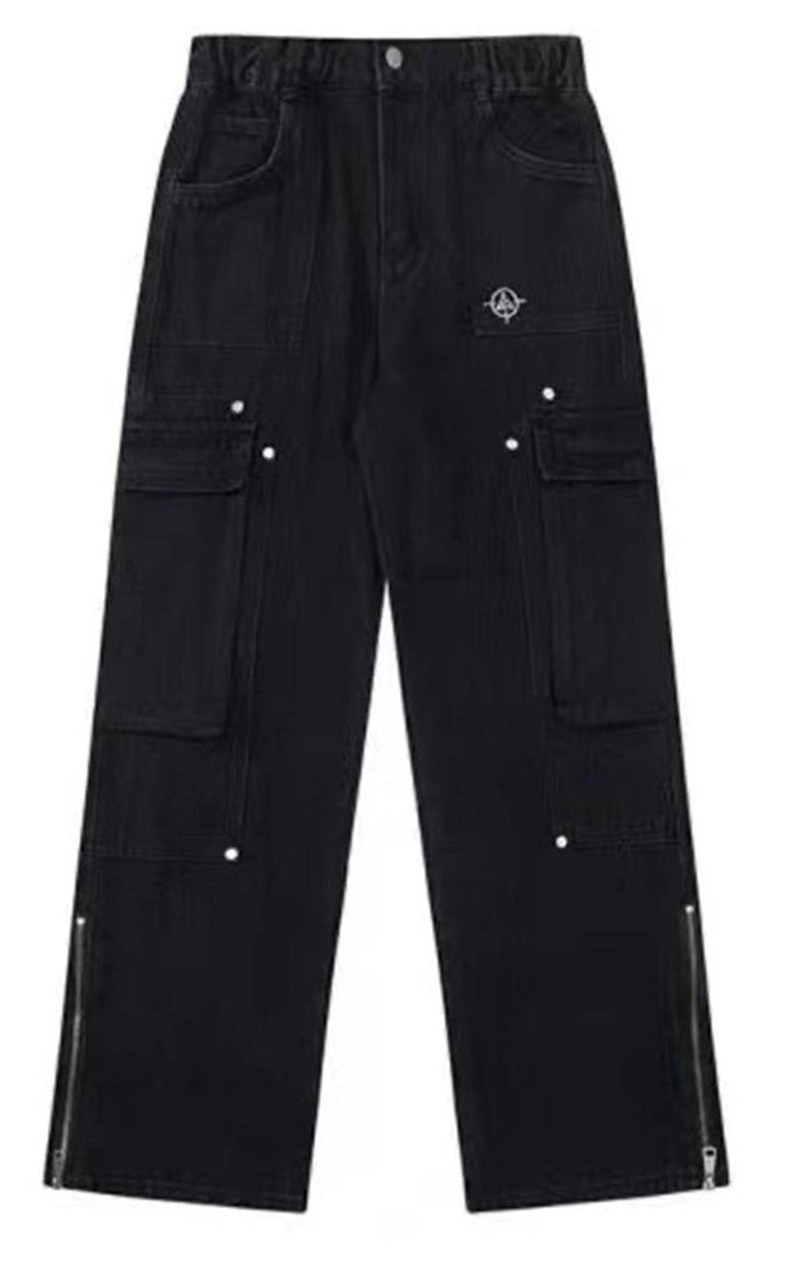 Rivet Design Wide-leg Zipper Denim Jeans WN3329
