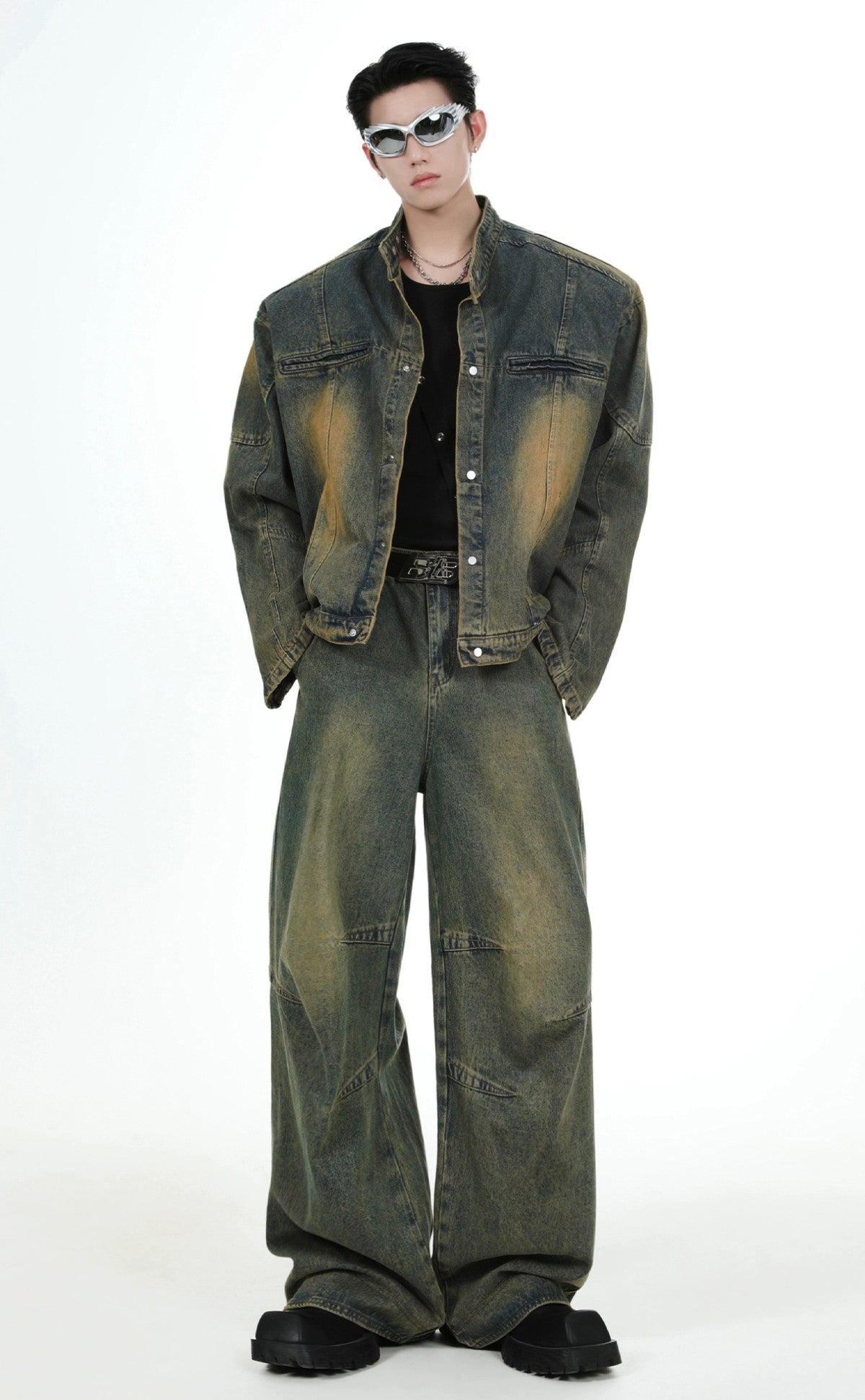 Shoulder-pad Denim Jacket & Wide-leg Denim Jeans Setup WN3742