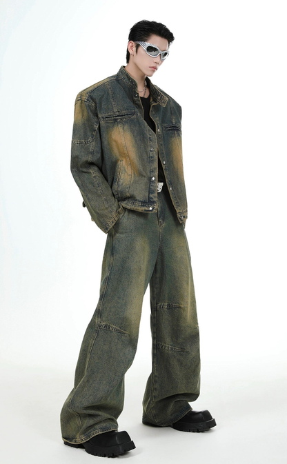 Shoulder-pad Denim Jacket & Wide-leg Denim Jeans Setup WN3742
