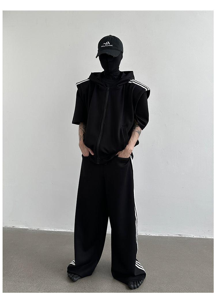 Shoulder-pad Hooded Vest & Oversize Zipper T-shirt & Wide-leg Sweatpants 3piece Setup WN1674