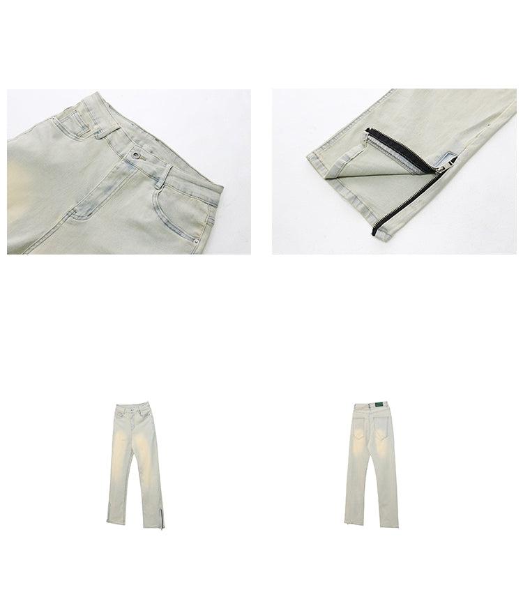 Side Zipper Yellow Mud-dye Washed Slim Jeans WN1559