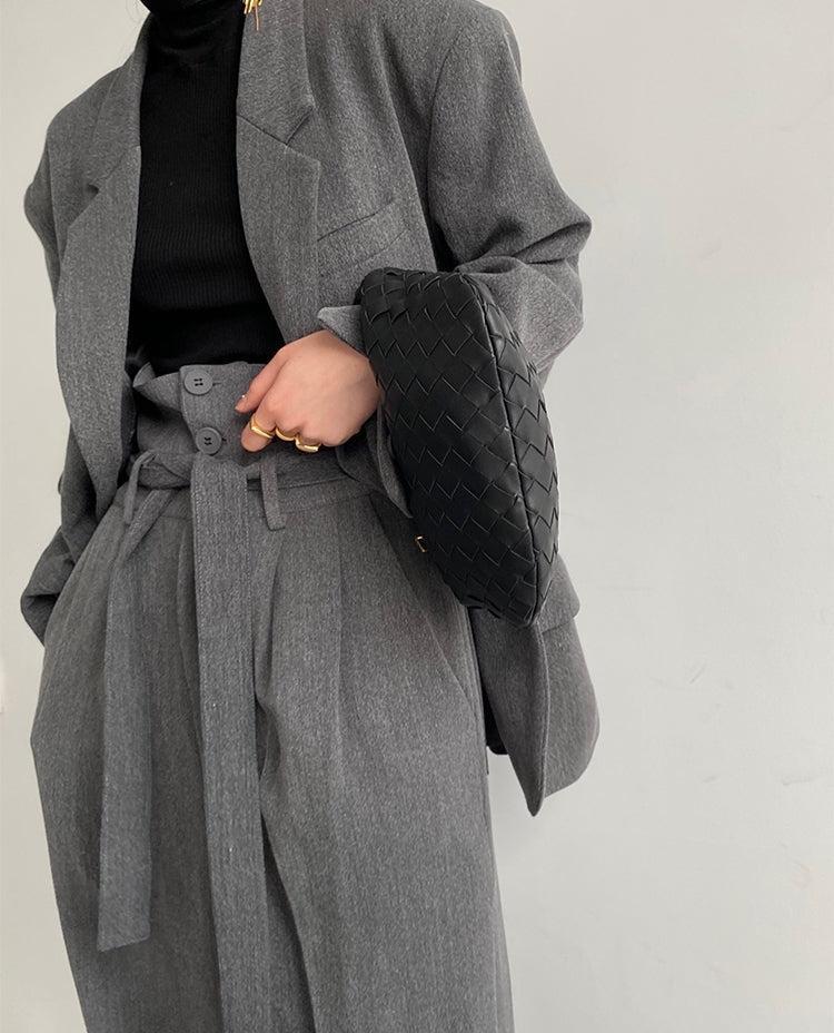 【Speed Shipping】Tweed Tailored Jacket & High Waist Belted Trousers WNN1-S