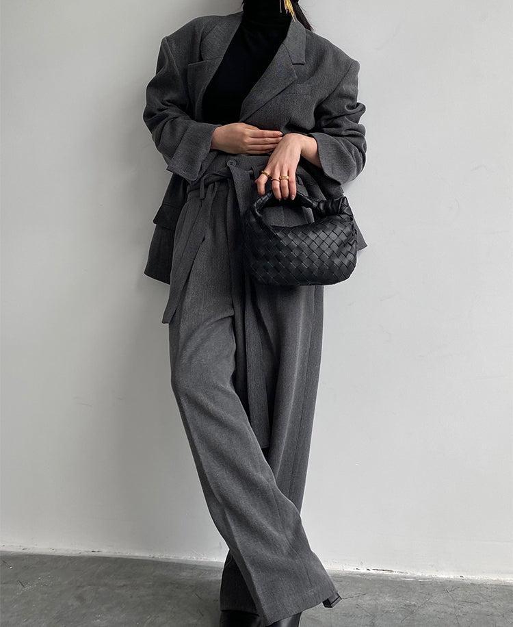 【Speed Shipping】Tweed Tailored Jacket & High Waist Belted Trousers Setup  WNN1-S