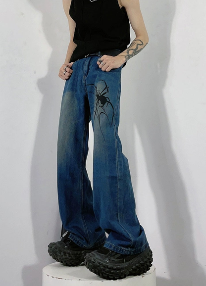 Spider Print Straight Denim Jeans WN3257