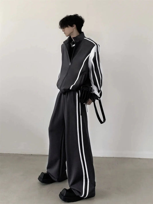 Standing-collar Sporty Jacket & Wide-leg Sporty Pants Setup WN2665
