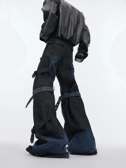 Strap Design Unique Metal Buckle Wide Leg Denim Jeans WN4020