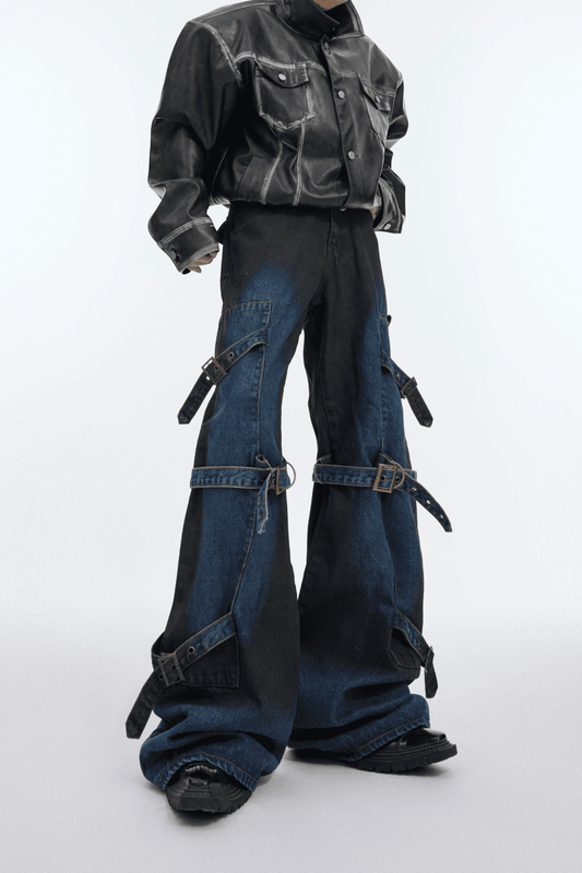 Strap Design Unique Metal Buckle Wide Leg Denim Jeans WN4020