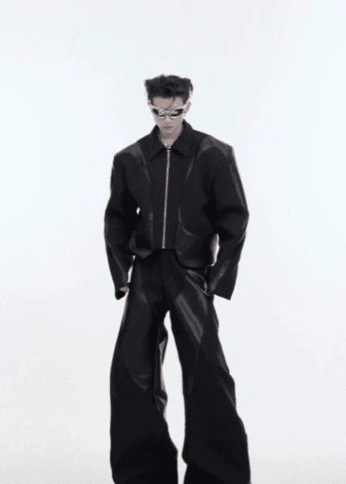 Three Dimensional Twill Shoulder Padded PU Jacket & Wide-leg Pants Setup WN3998