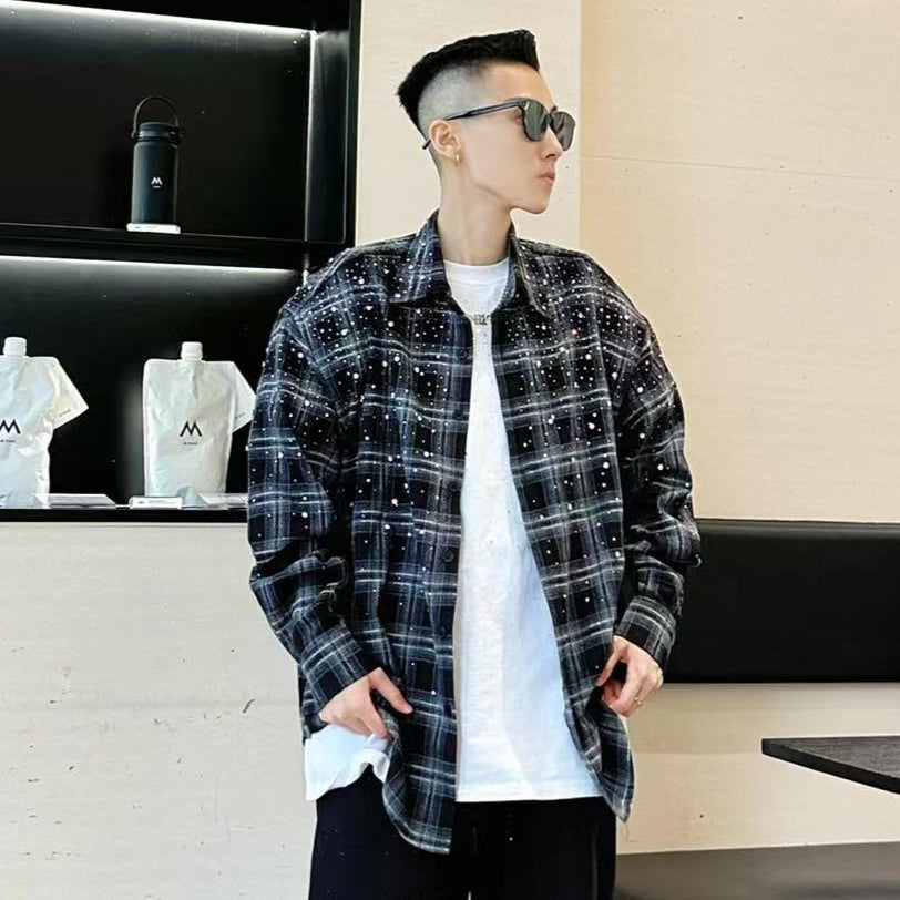 Rhinestone Plaid Long Sleeve Shirt WN20718