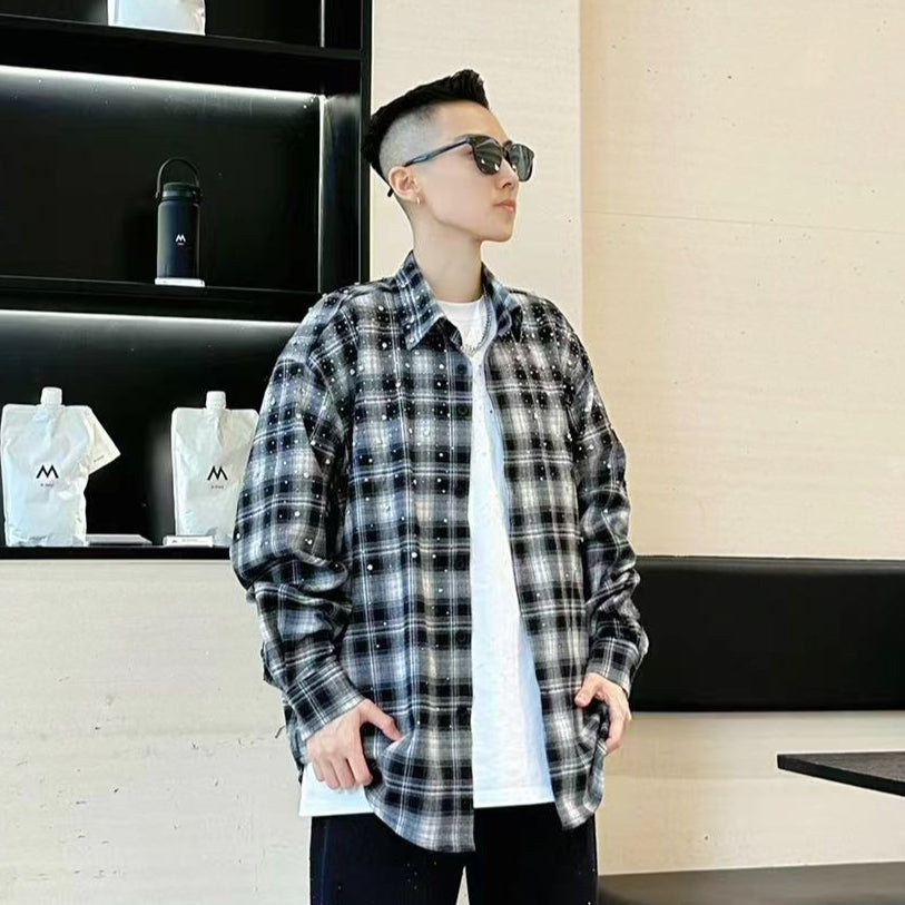 Rhinestone Plaid Long Sleeve Shirt WN20718