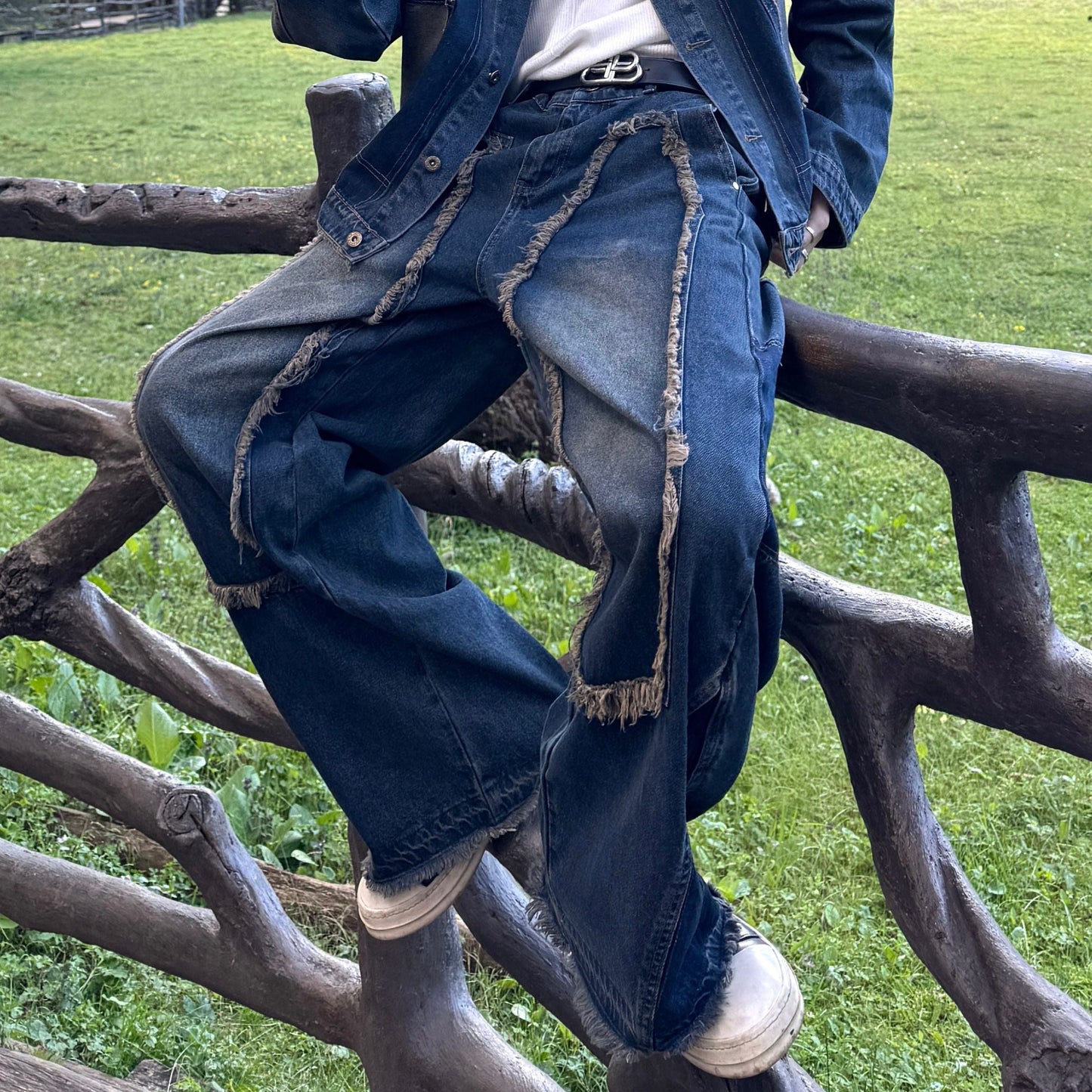 Washed Fringe Denim Jacket & Wide Leg Denim Jeans Setup WN20764