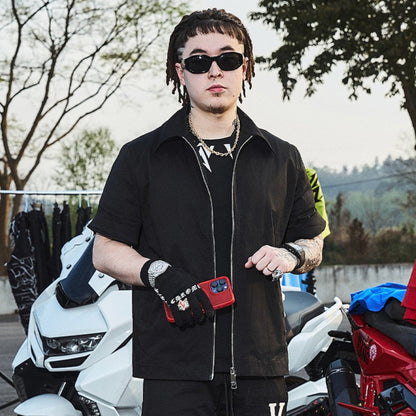 Embroidery Logo Short Sleeve Zipper Jacket & Straight Pants Setup WN21015