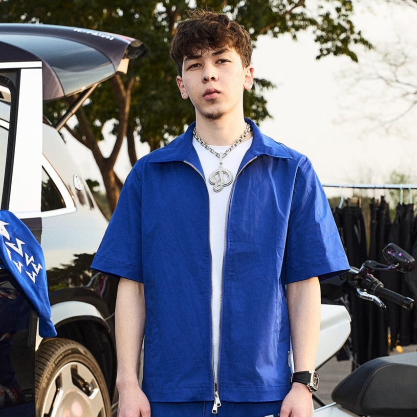 Embroidery Logo Short Sleeve Zipper Jacket & Straight Pants Setup WN21015