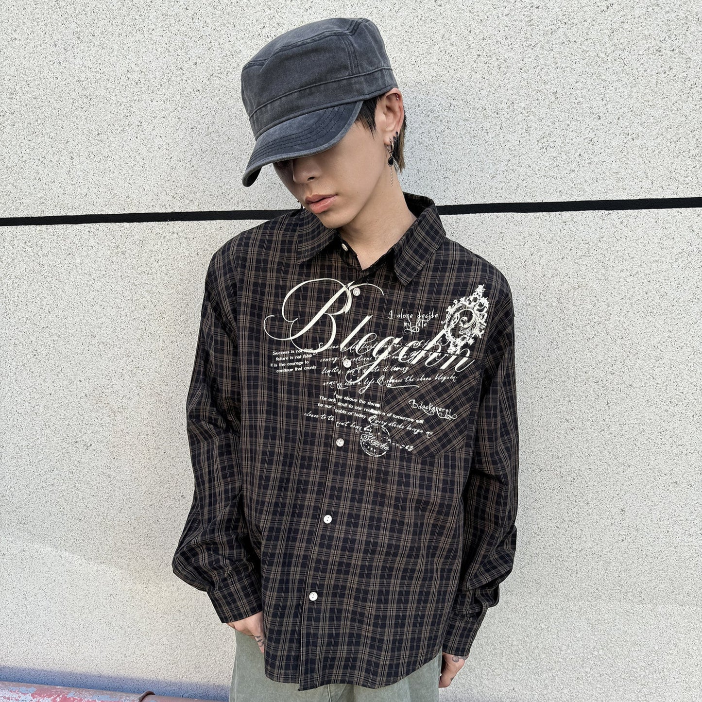 Letter Print Button Oversize Long Sleeve Shirt WN21152