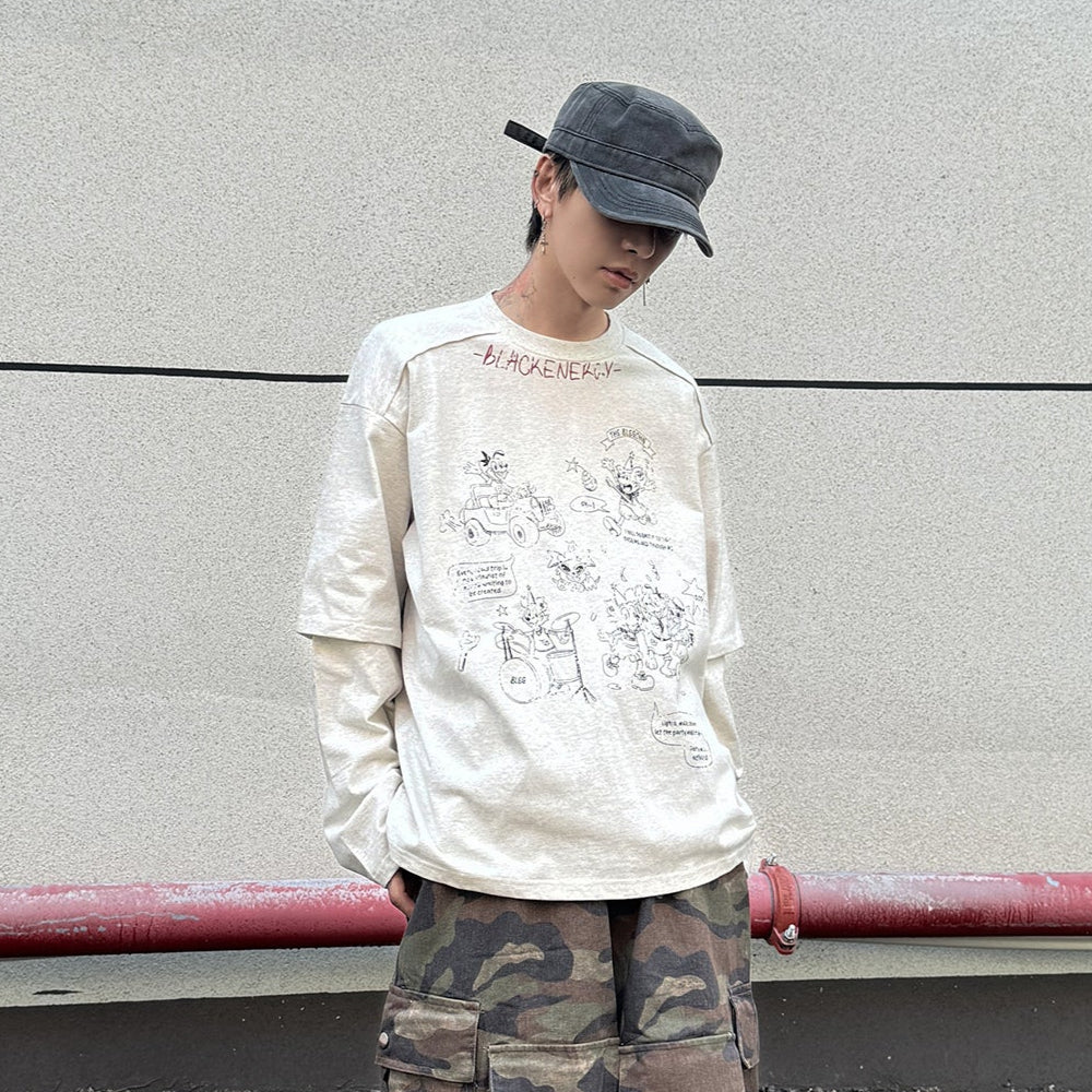 Fake Layered Back Graffiti Print Oversize Long Sleeve T-Shirt WN21154