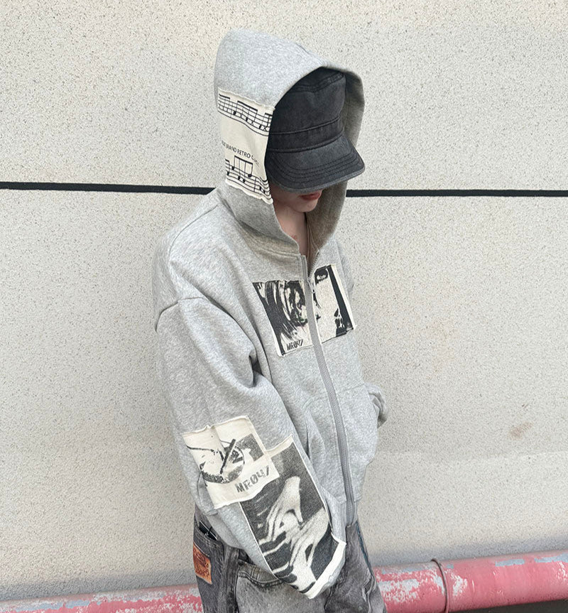 Patch Portrait Oversize Zipper Hoodie WN21157
