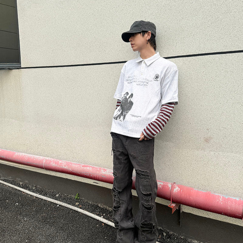 Fake Layered Stripe Long Sleeve Polo Shirt WN21159