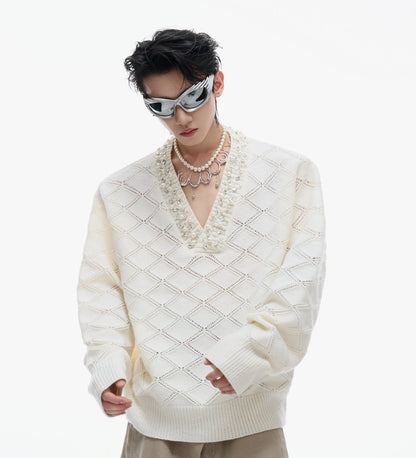 Diamond Decor Argyle V-Neck Knit Sweater WN21219