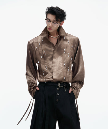 Pearl Beads Ribbon Pleats Long Sleeve Shirt WN21220