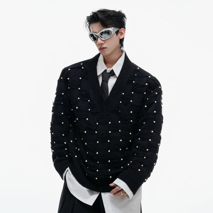 Pearl Beads V-Neck Fringe Knit Sweater WN21222