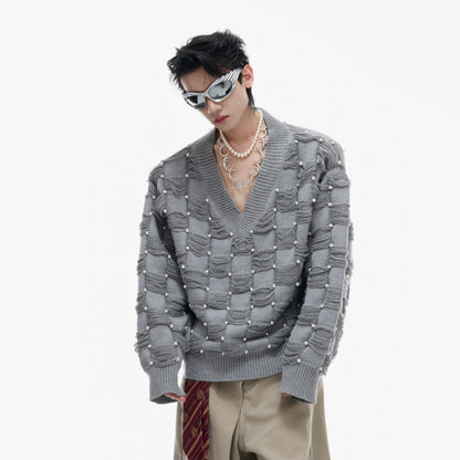 Pearl Beads V-Neck Fringe Knit Sweater WN21222