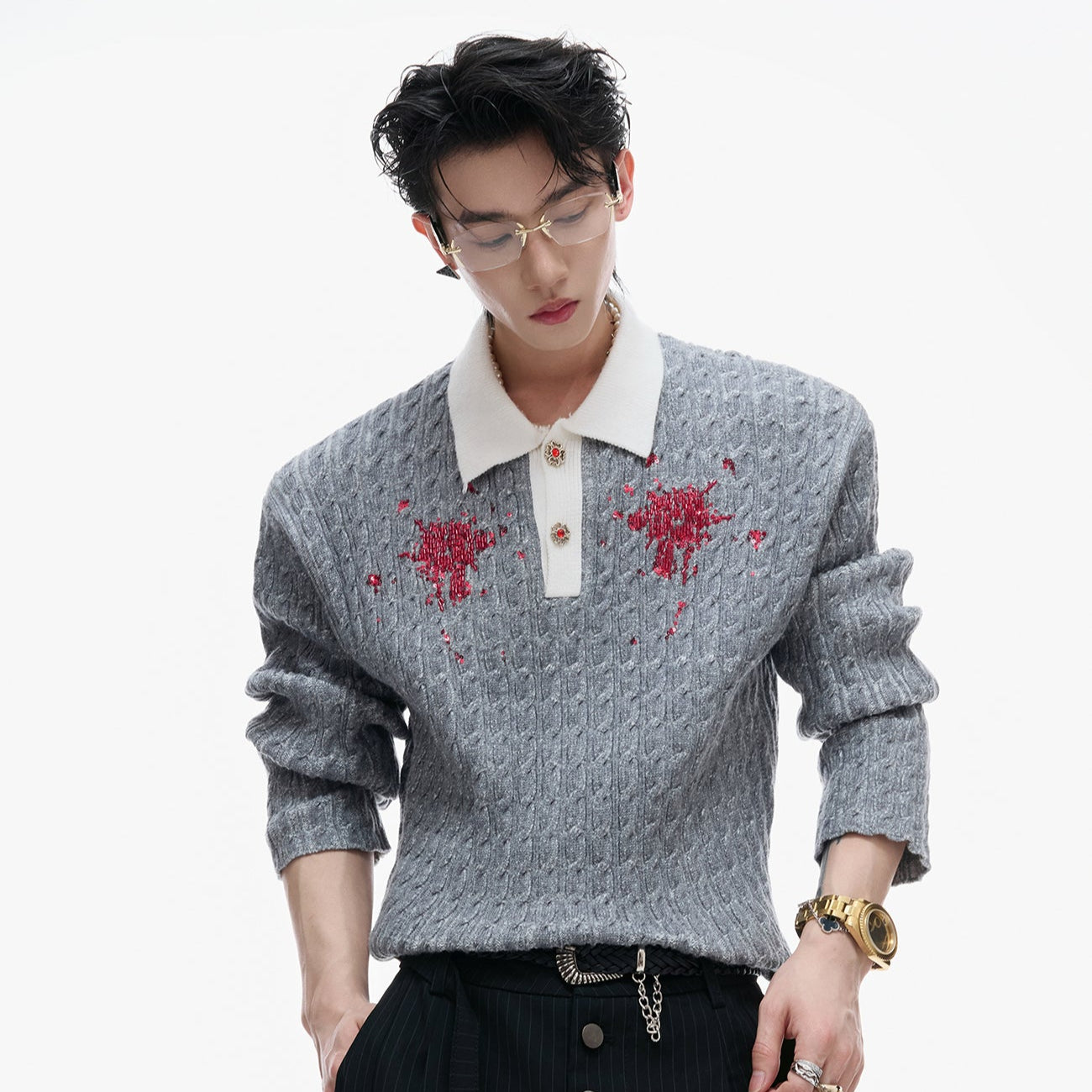 Sequin Contrast-Collar Design-Button Knit Sweater WN21223