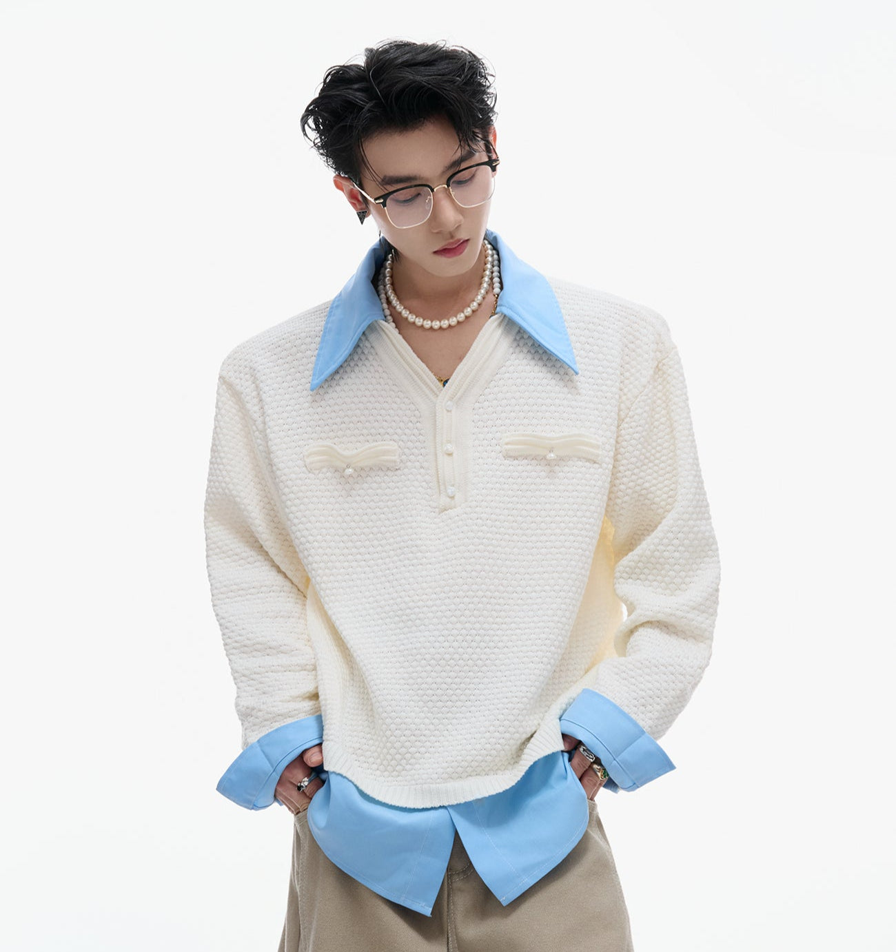 Fake Layered Contrast-Collar Splicing Knit Sweater WN21224