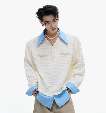 Fake Layered Contrast-Collar Splicing Knit Sweater WN21224