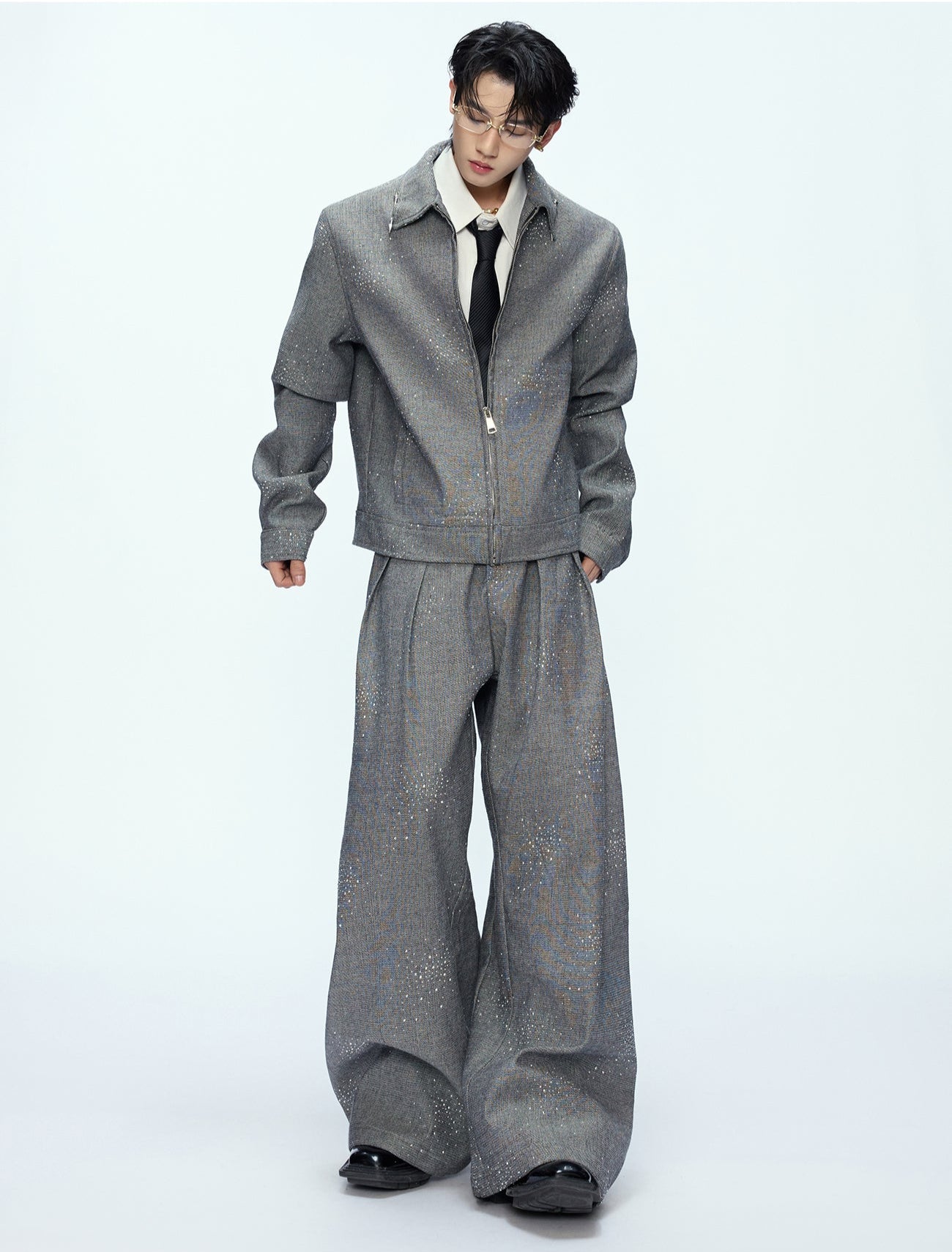 Rhinestone Decor Zipper Jacket & Wide Leg Pants Setup WN21228