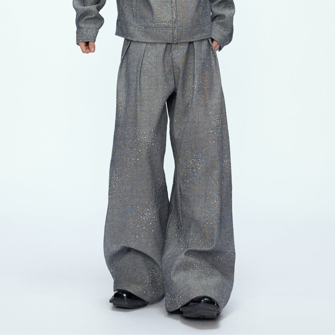 Rhinestone Decor Zipper Jacket & Wide Leg Pants Setup WN21228