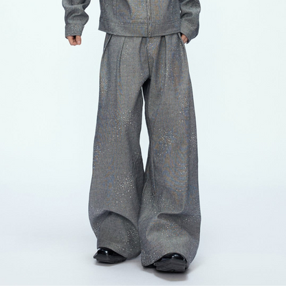 Rhinestone Decor Zipper Jacket & Wide Leg Pants Setup WN21228