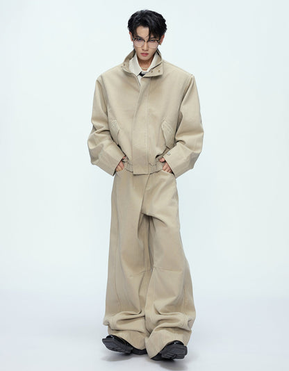 Washed Standing-Neck Cargo Jacket & Wide Leg Pants Setup WN21235