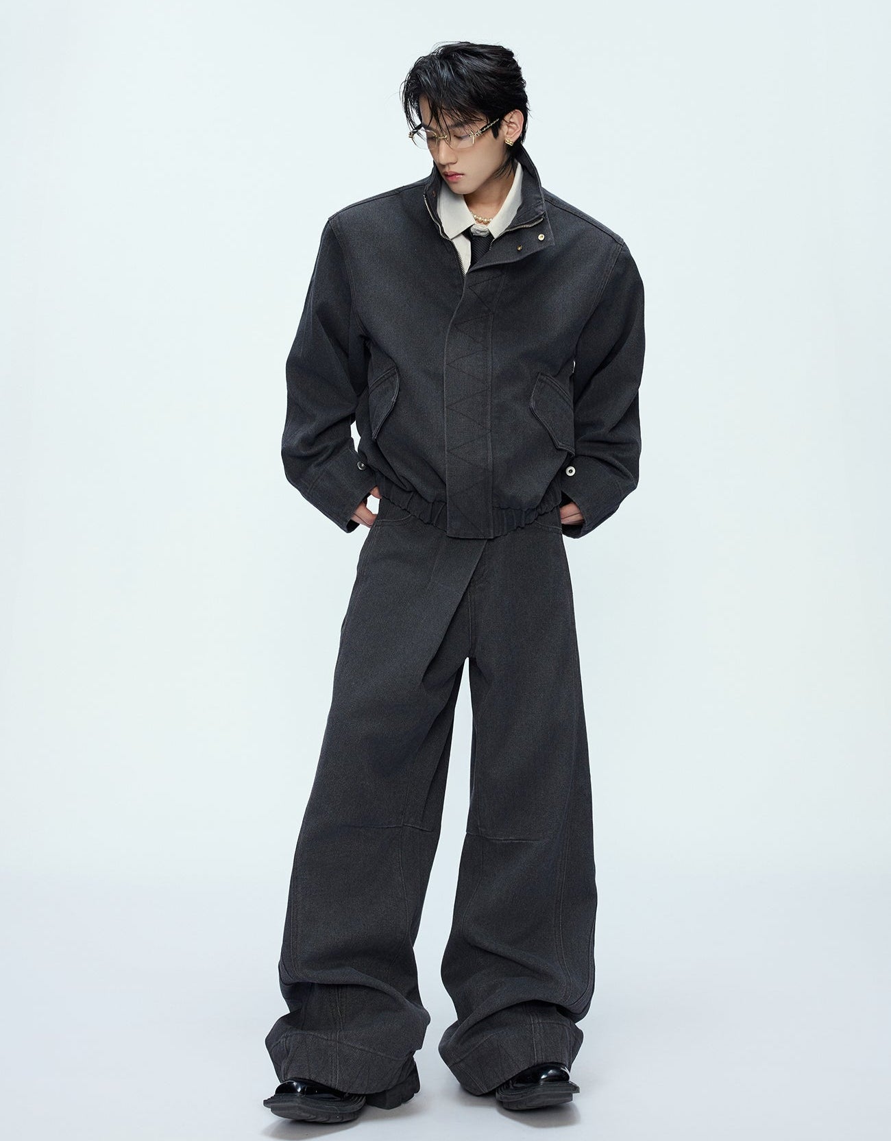 Washed Standing-Neck Cargo Jacket & Wide Leg Pants Setup WN21235