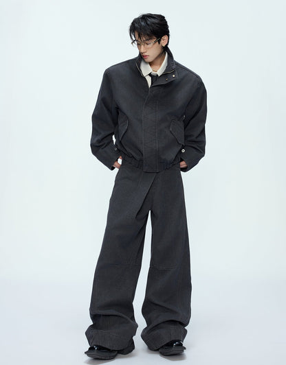 Washed Standing-Neck Cargo Jacket & Wide Leg Pants Setup WN21235