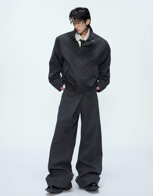 Washed Standing-Neck Cargo Jacket & Wide Leg Pants Setup WN21235