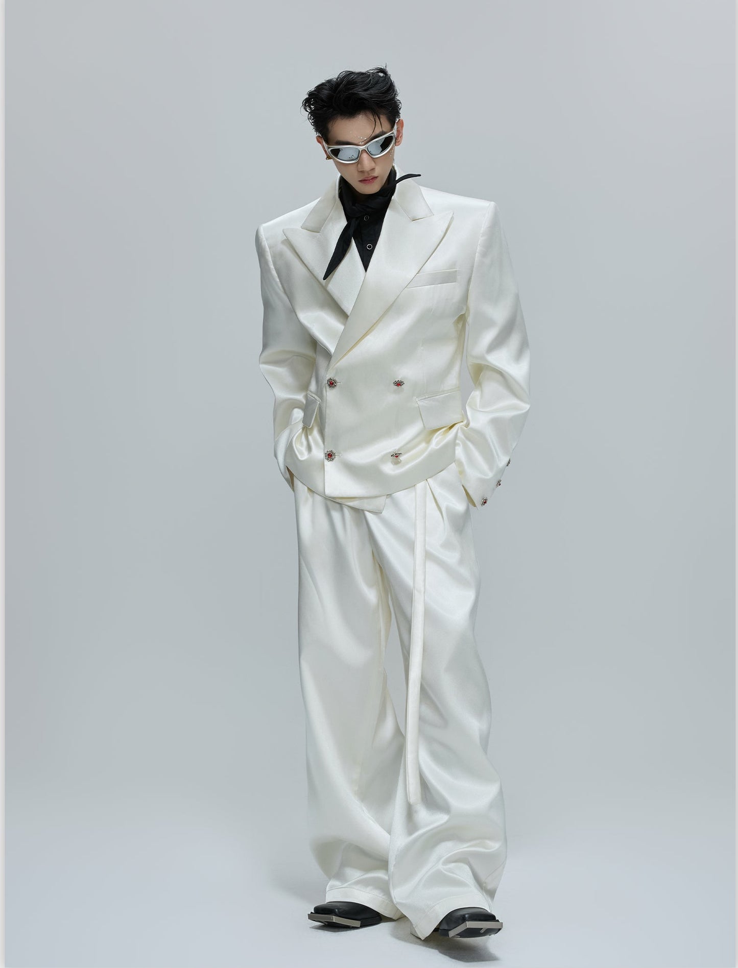 Glossy Waist-Fitted Tailored Jacket & Flare Trousers Setup WN21702