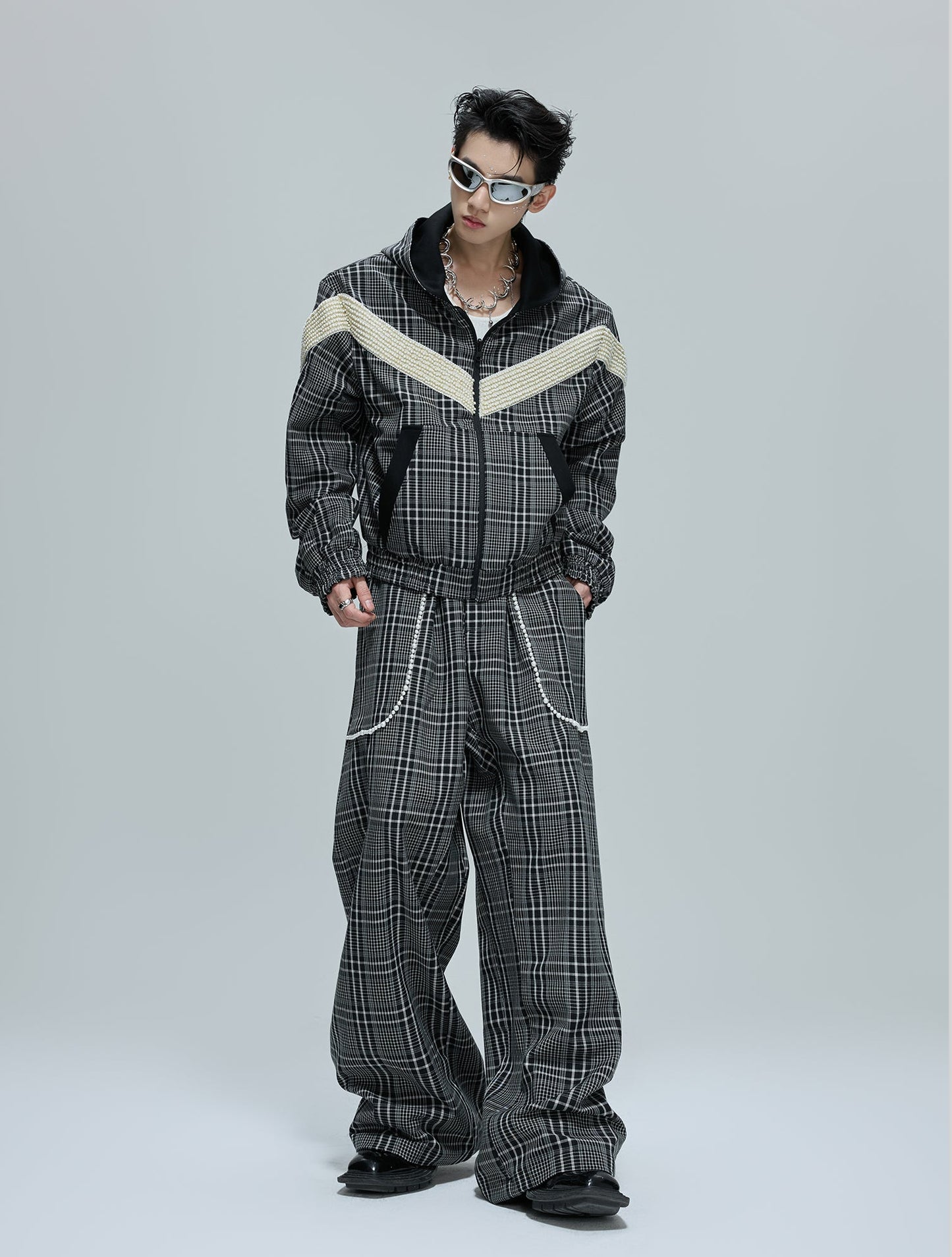 Reversible Houndstooth Pearl Design Hoodie & Pants Setup WN21703