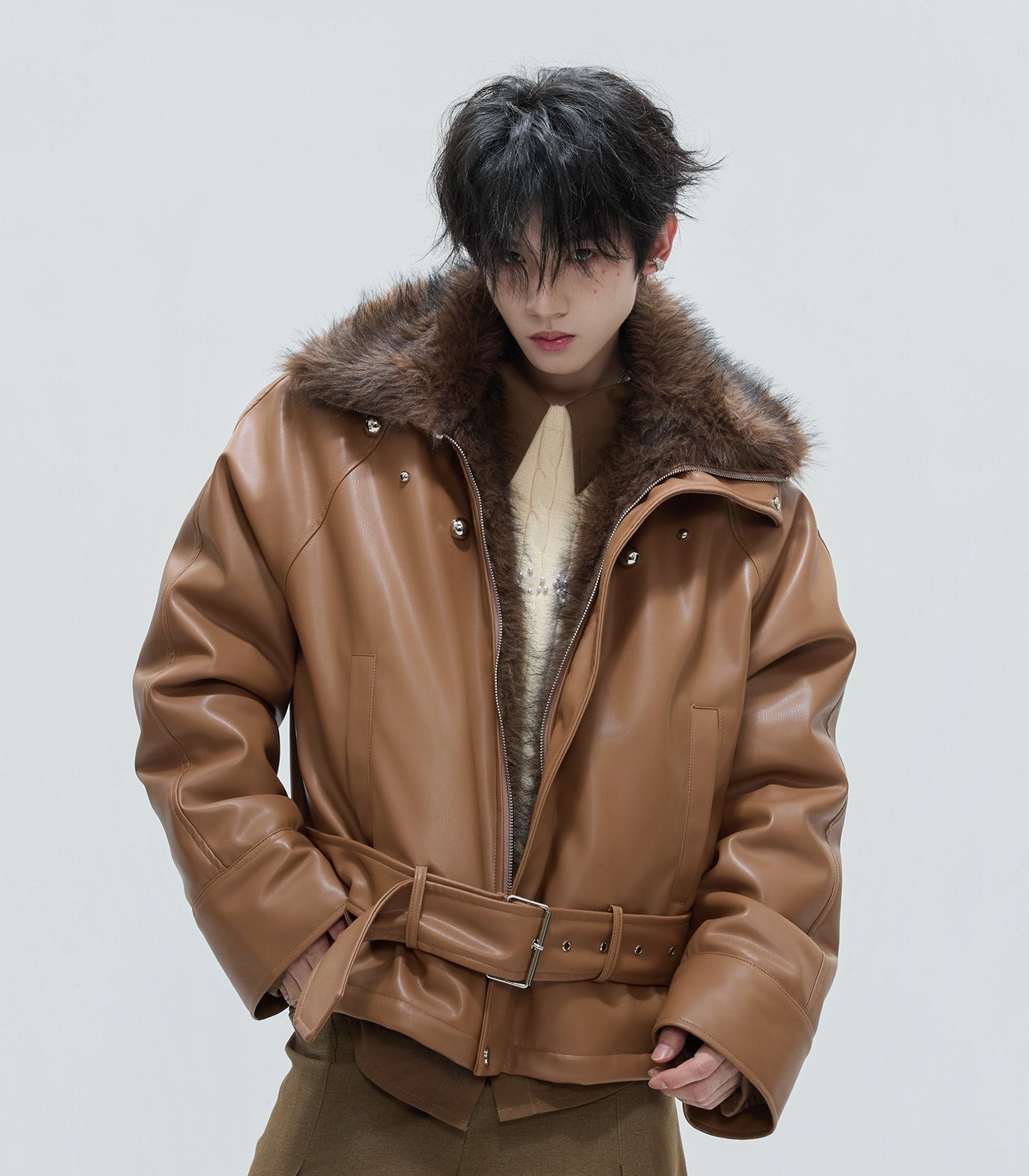 Studs High-Neck Fake Fur Collar PU Leather Puffer Jacket WN21719