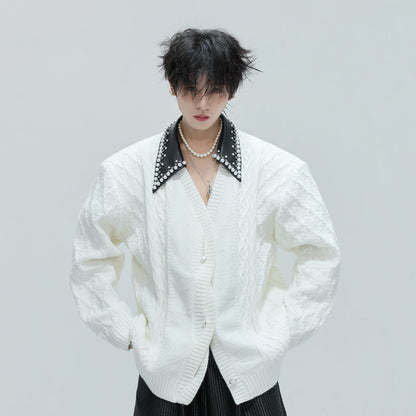 Fake Layered Pearl Embellished Lapel Thick Knit Cardigan WN21722