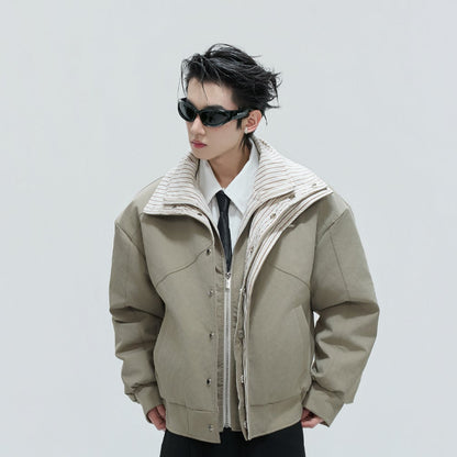 Washed Stripe Fake Layered Double Collar Puffer Jacket WN21725