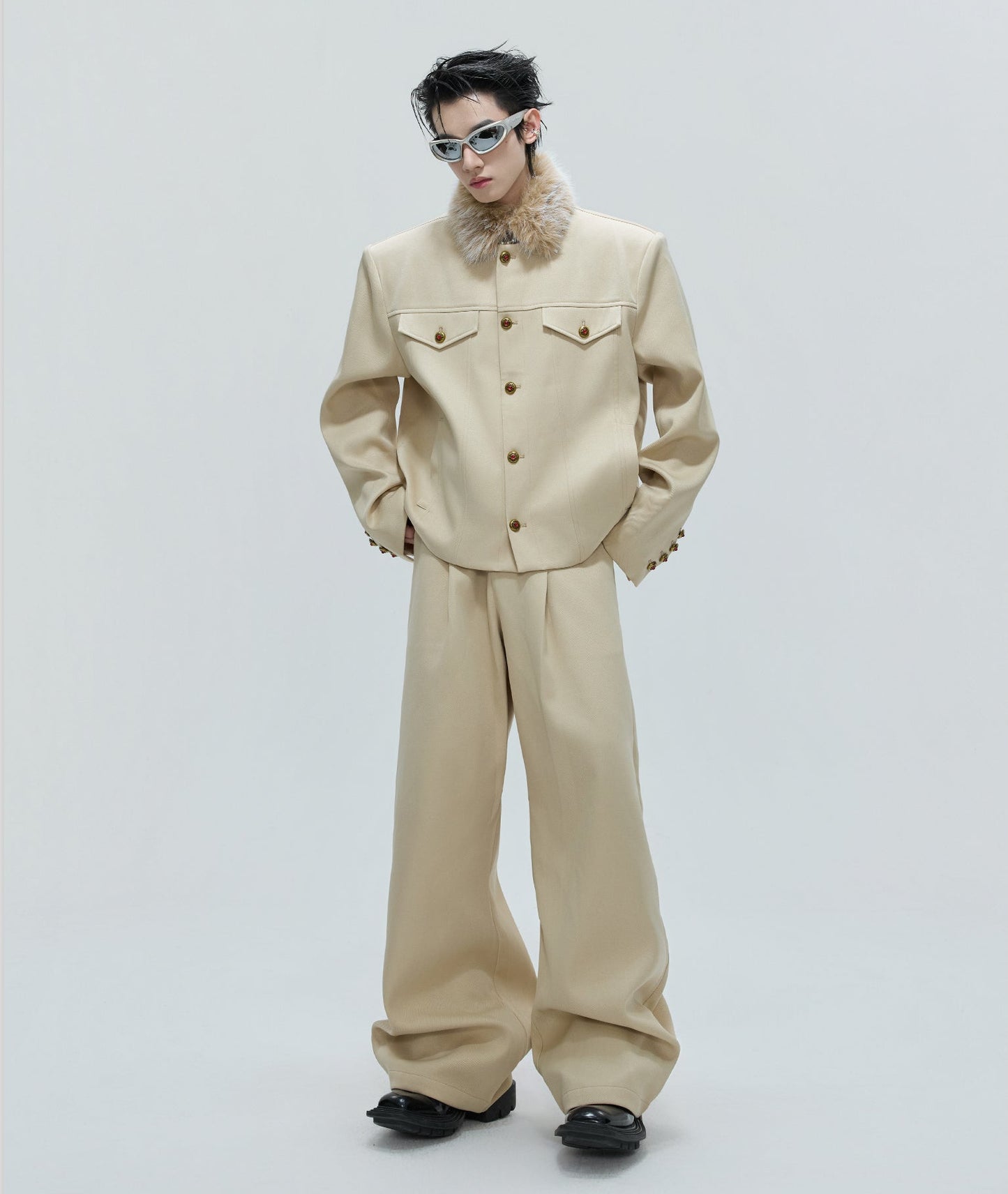 Fur Collar Gem Button Standing-Collar Short Jacket & Trousers Setup WN21733