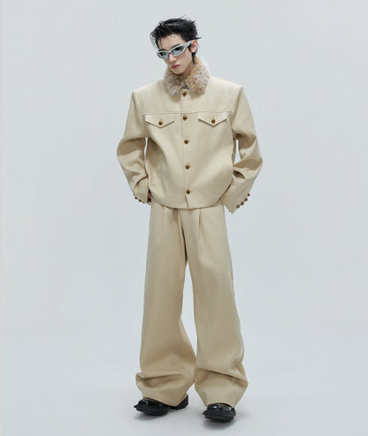 Fur Collar Gem Button Standing-Collar Short Jacket & Trousers Setup WN21733