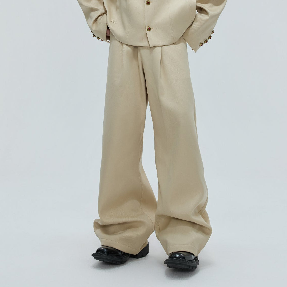 Fur Collar Gem Button Standing-Collar Short Jacket & Trousers Setup WN21733