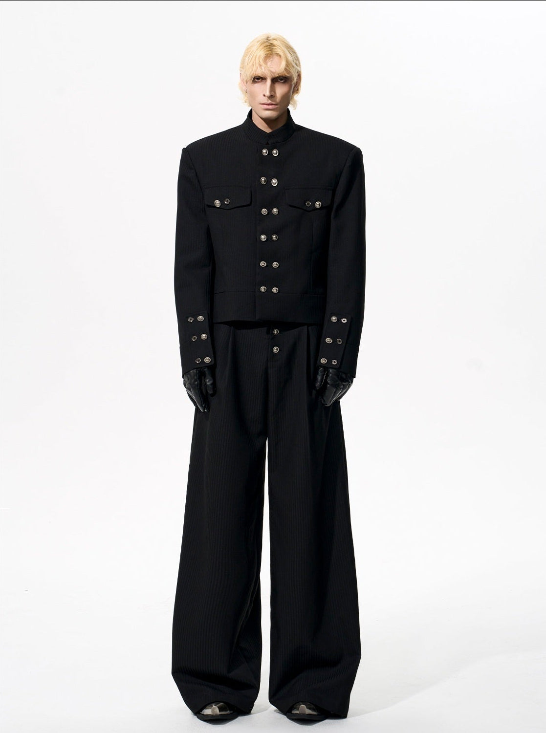 Striped Double-Breasted Standing-Collar Tailored Jacket & Straight Leg Trousers Setup WN21765