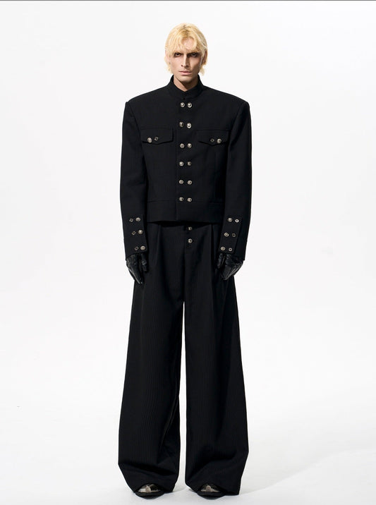 Striped Double-Breasted Standing-Collar Tailored Jacket & Straight Leg Trousers Setup WN21765