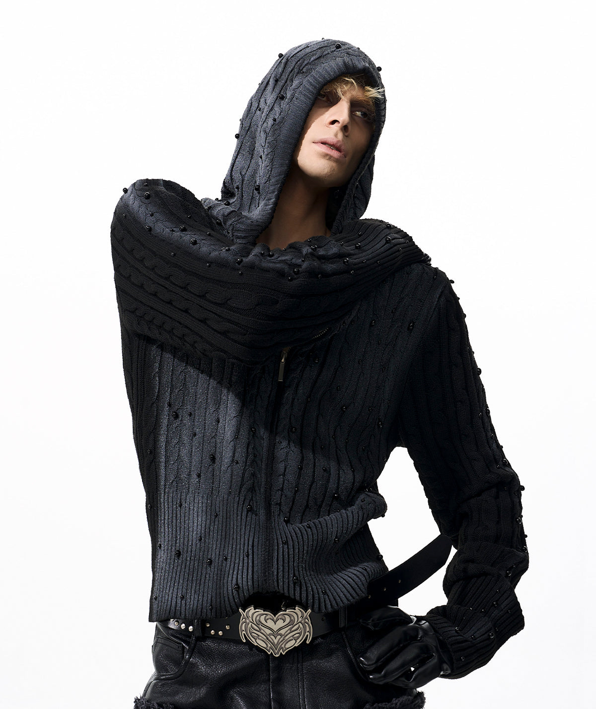 Gradient Cable Knit Zippr Hoodie & Stand Collar Knit Zipper Cardigan WN21769