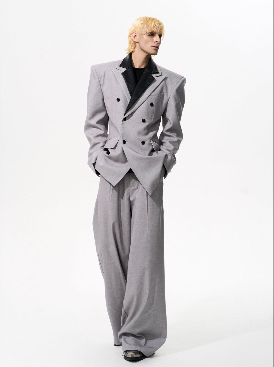 Detachable PU Leather Collar Wool Tailored Jacket & Straight Leg Pants Setup WN21772
